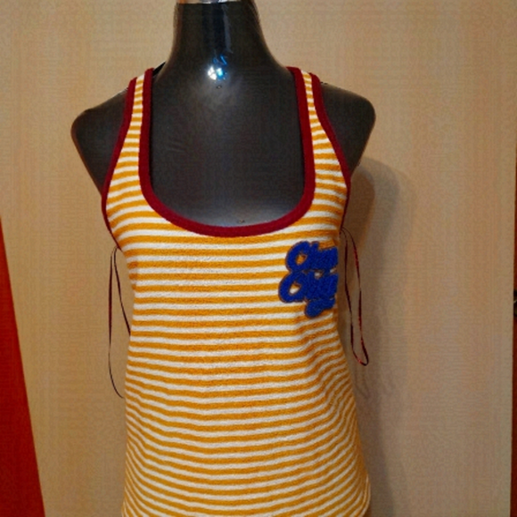 Y2K ZARA Tank Top Yellow Striped Sleeveless Halter Back with Chupa Chups Patch - Picture 1 of 6